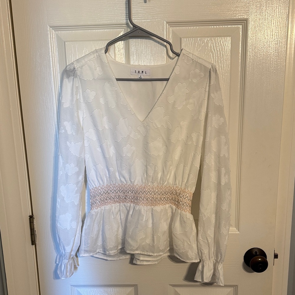THML - Lush Cream Floral Blouse with Smocked Detail Size S